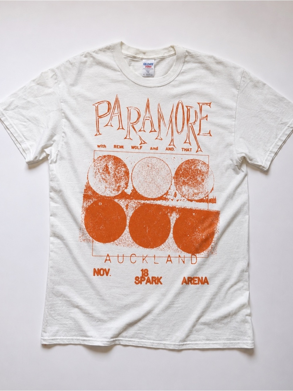 Gildan White Tee with Orange Paramore Auckland Graphic